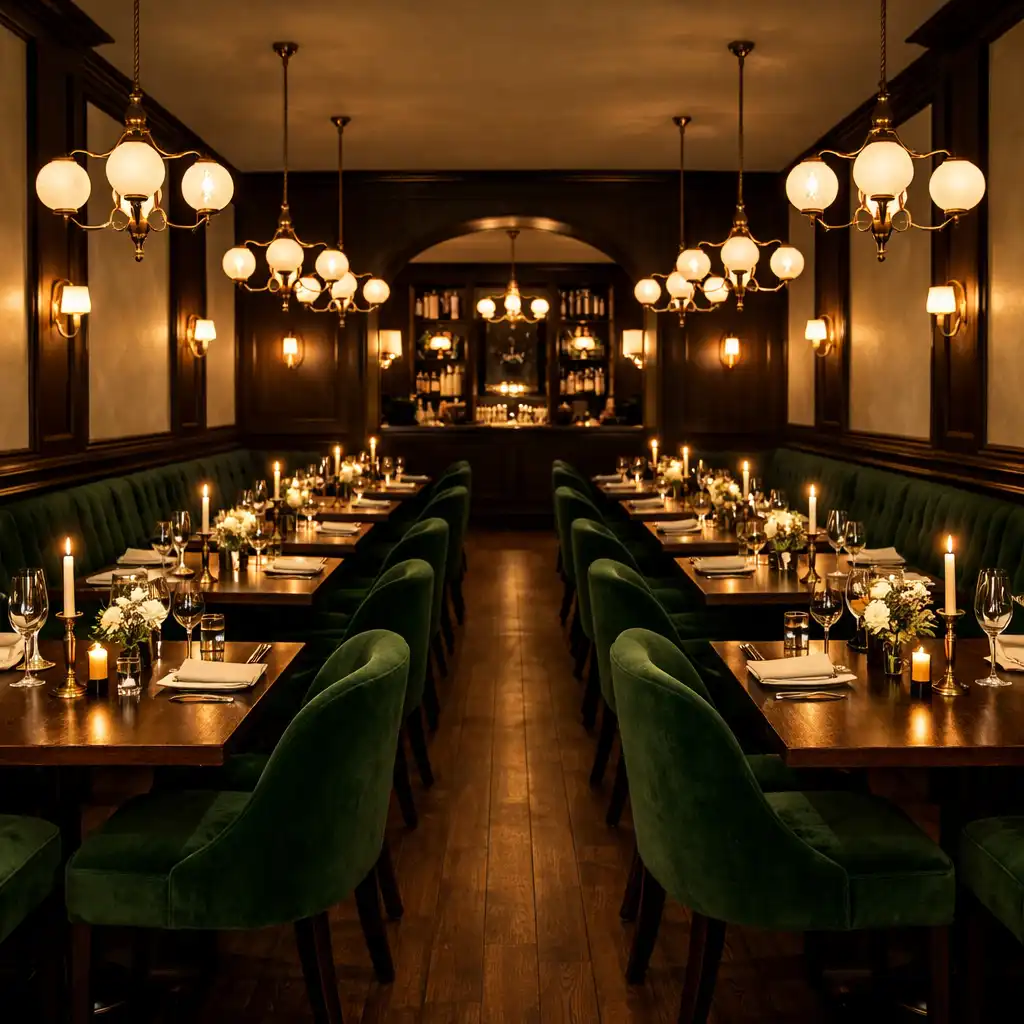 Widok na elegancką salę restauracyjną Smaklo Rixa z ciemnymi drewnianymi stołami i aksamitnymi krzesłami w kolorze butelkowej zieleni