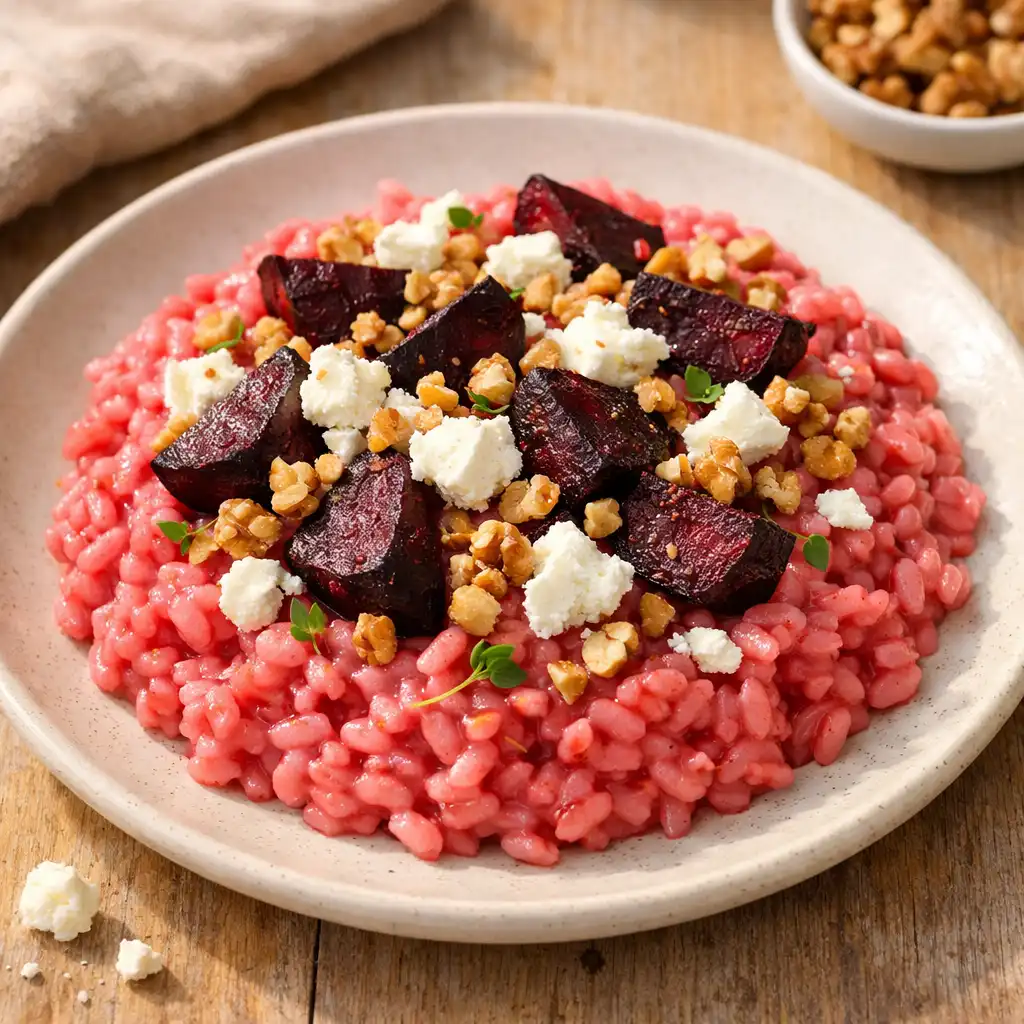 Risotto z pieczonymi burakami, kozim serem i orzechami włoskimi na jasnym talerzu