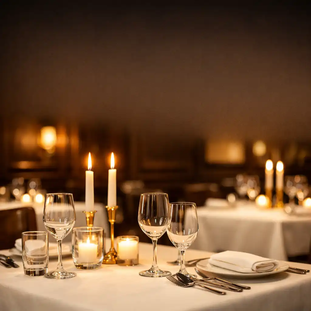 Elegancko nakryty stół w restauracji Smaklo Rixa z zapalonymi świecami i ciepłym światłem