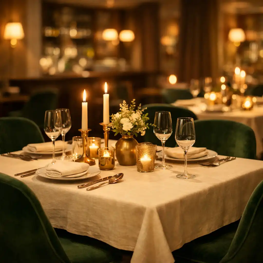 Elegancka sala restauracyjna Smaklo Rixa z ciemnymi drewnianymi stołami, lnianymi obrusami i zielonymi aksamitnymi krzesłami, oświetlona ciepłym światłem świec
