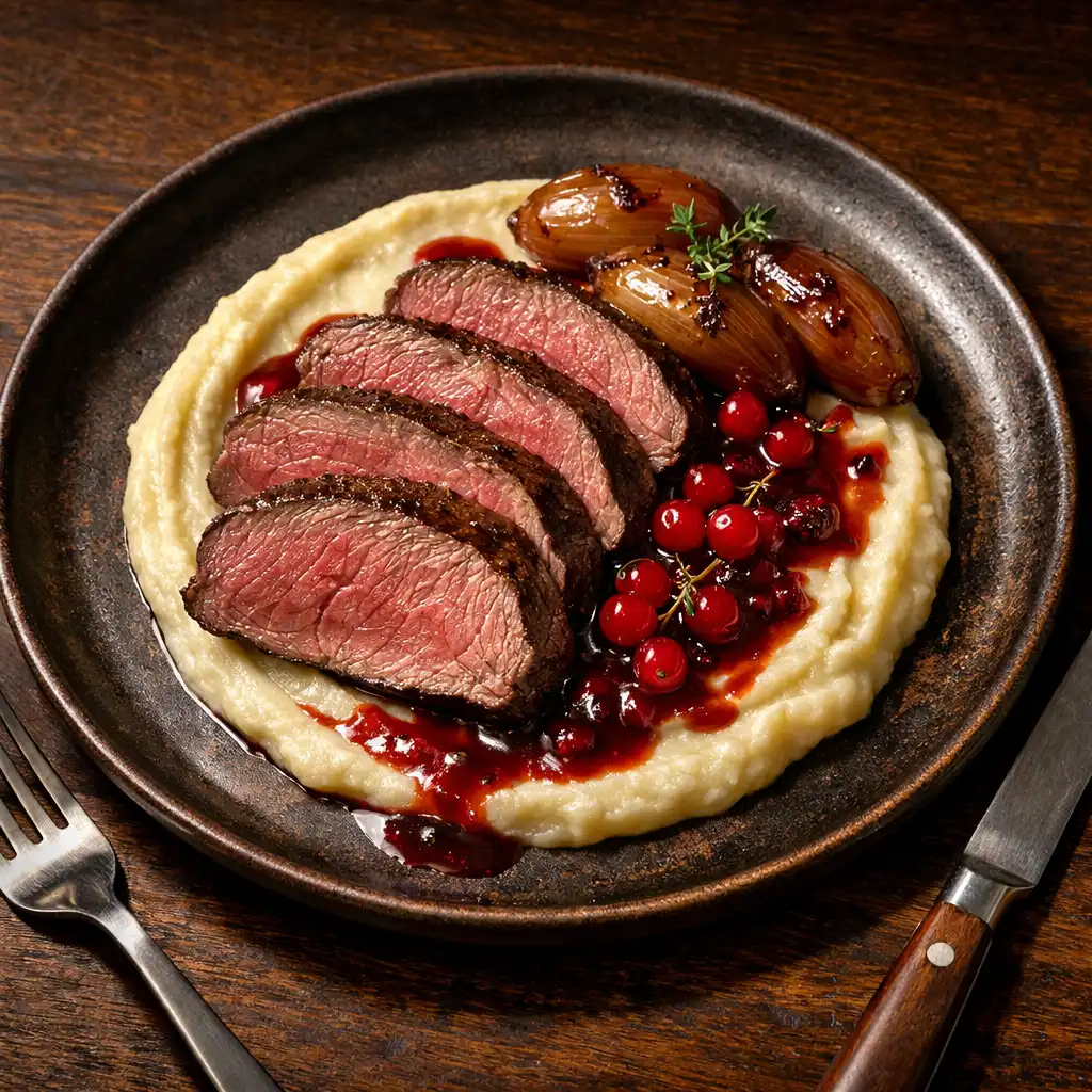 Polędwica wołowa sous-vide pokrojona w plastry na puree z selera z glazurowaną szalotką i sosem z czerwonej porzeczki