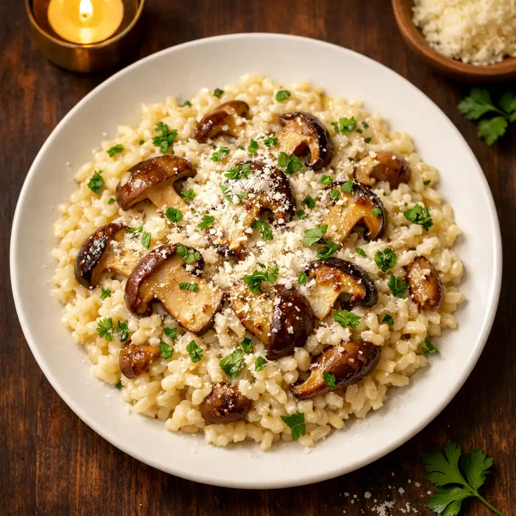 Kremowe risotto z borowikami posypane parmezanem i natką pietruszki na płytkim talerzu