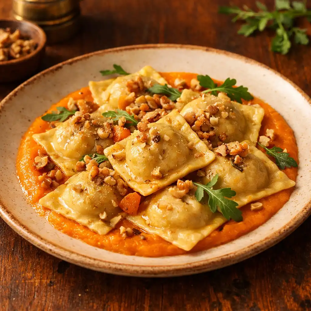 Ręcznie robione ravioli z kaczką i morelą na kremie z dyni