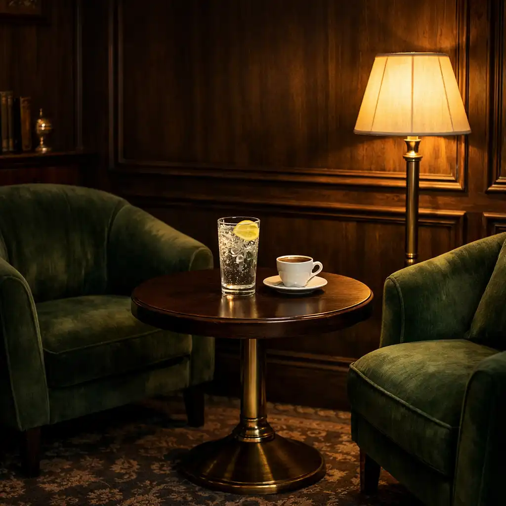 Strefa lounge z zielonymi fotelami, stolikiem i lampą