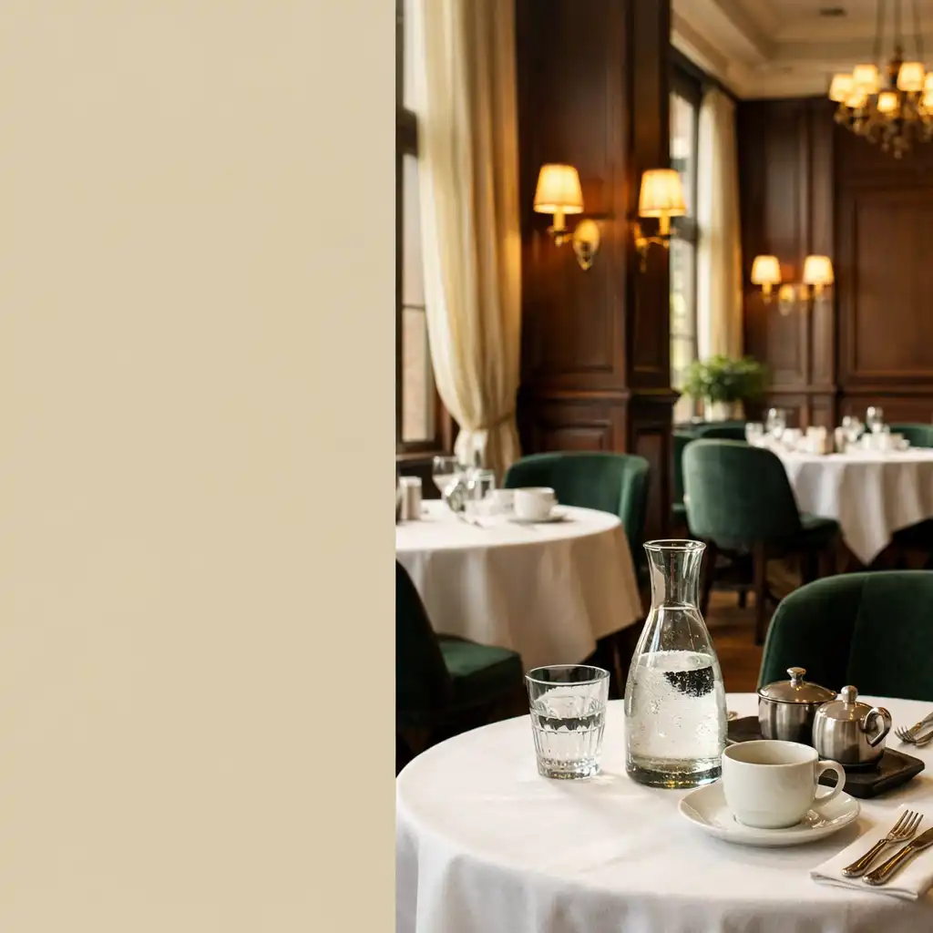 Elegancka sala restauracyjna z ciemnozielonymi krzesłami, ciemnym drewnem i mosiężnymi kinkietami