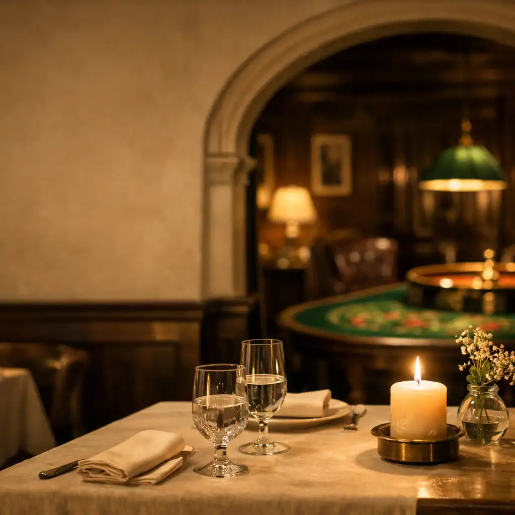 Nastrojowe wnętrze eleganckiej restauracji wieczorem, z fragmentem ciemnego salonu gier w tle