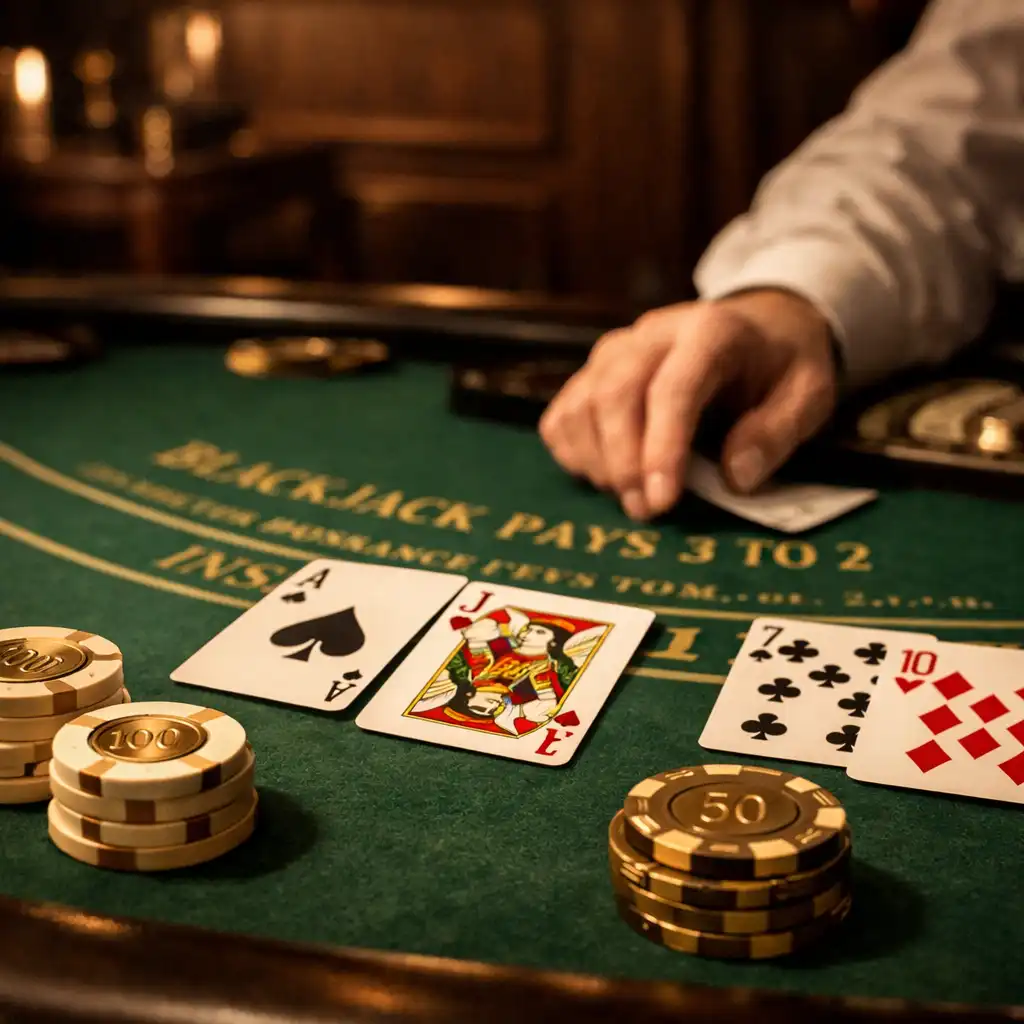 Zbliżenie na stół do blackjacka z zielonym filcem, kartami i żetonami w ciemnym, eleganckim kasynie