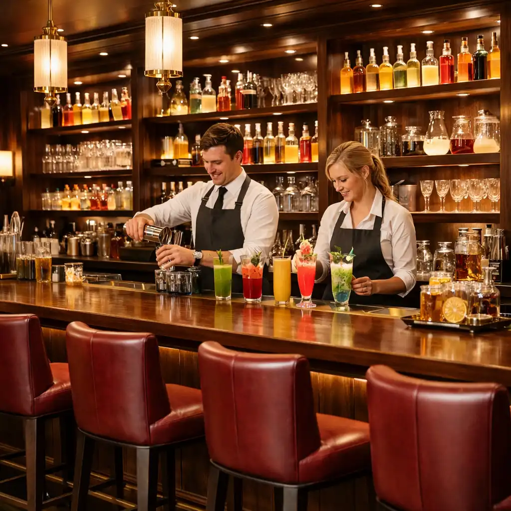 Bar bezalkoholowy z długą drewnianą ladą, podświetlanymi półkami i barmanem przygotowującym mocktail