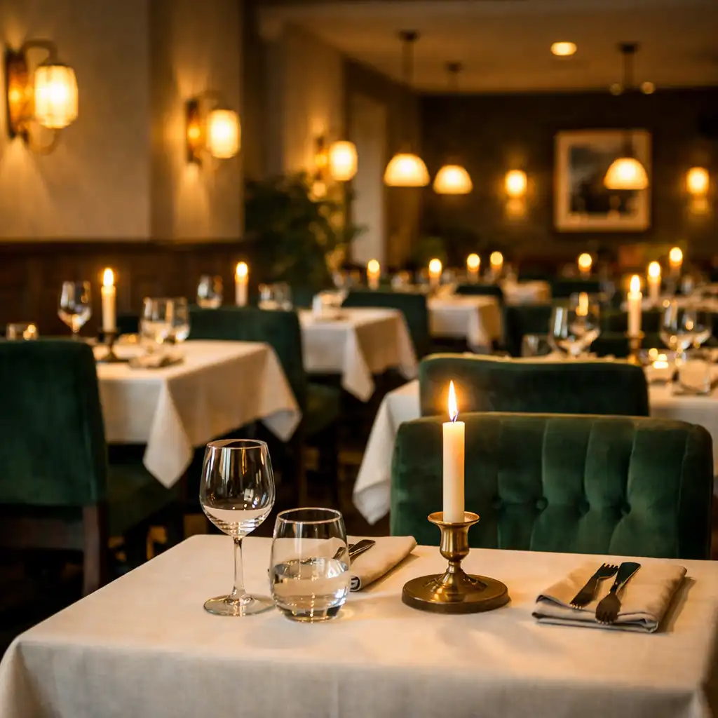 Główna sala restauracji Smaklo Rixa z ciemnymi drewnianymi panelami, lnianymi obrusami i świecami na stołach